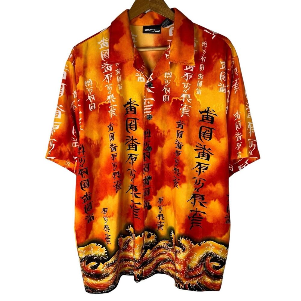 Vintage Y2K ODO Mens Sz L Button Up Shirt Japanese Chinese Kanji Waves Skater